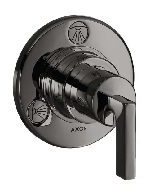 Unterputzventil mit Hebelgriff in Polished Black Chrome, gefertigt von AXOR. Enthält Symbole für unterschiedliche Wassermengen oder Temperaturen.